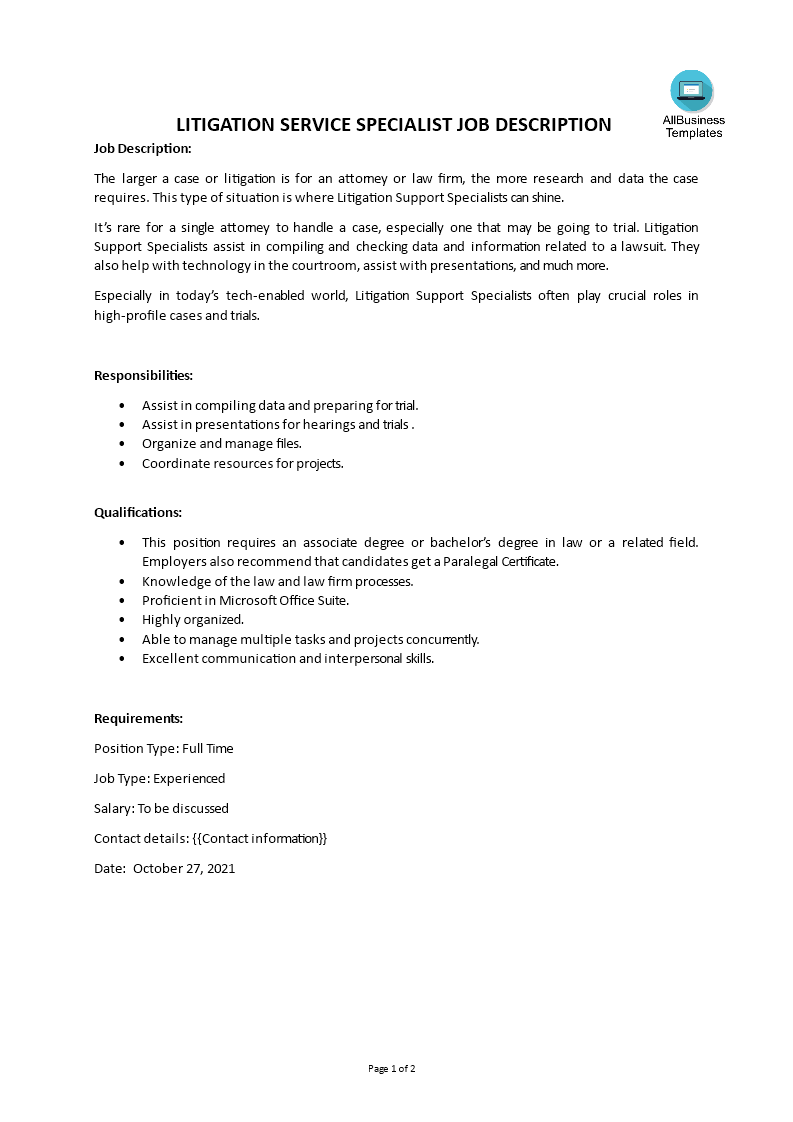 Litigation Service Specialist Job Description main image