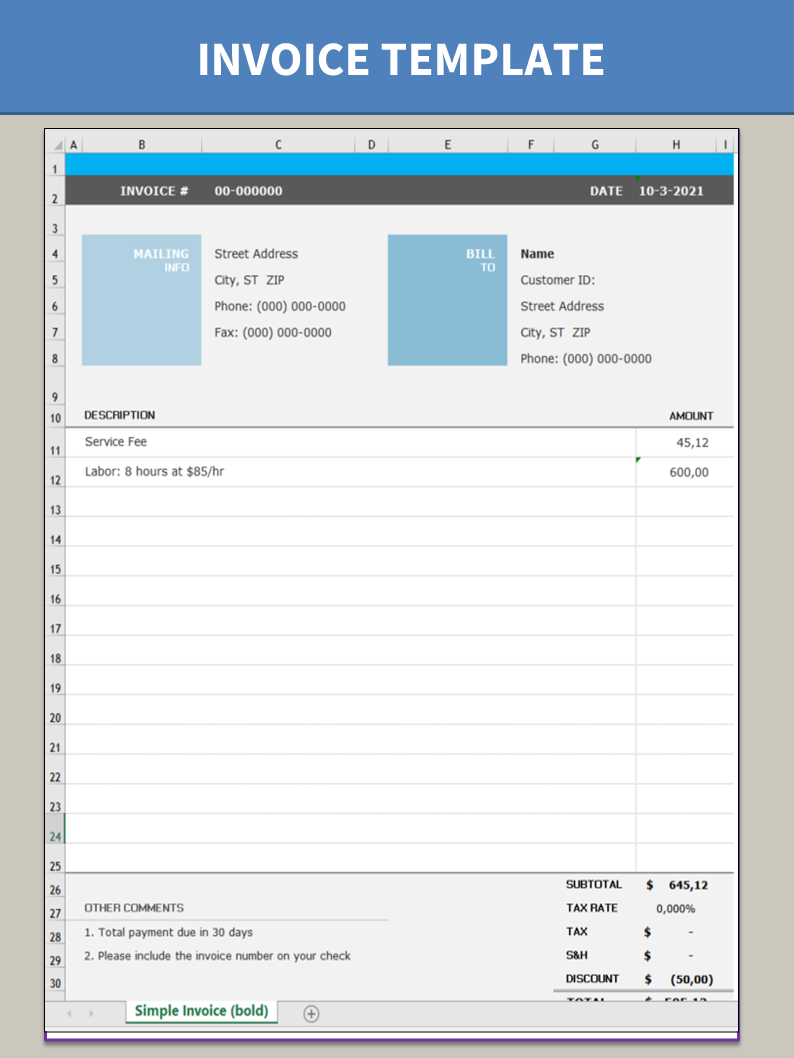 simple invoicing template voorbeeld afbeelding 