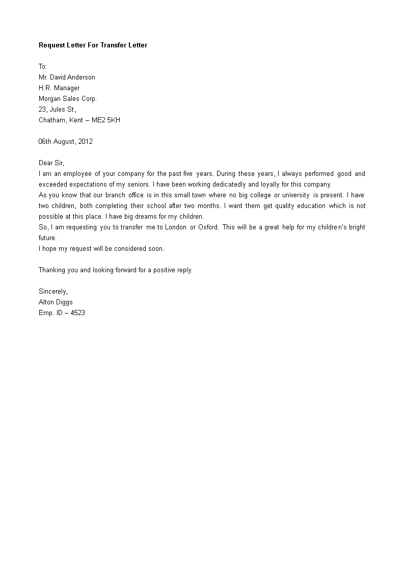 request for employee transfer letter template