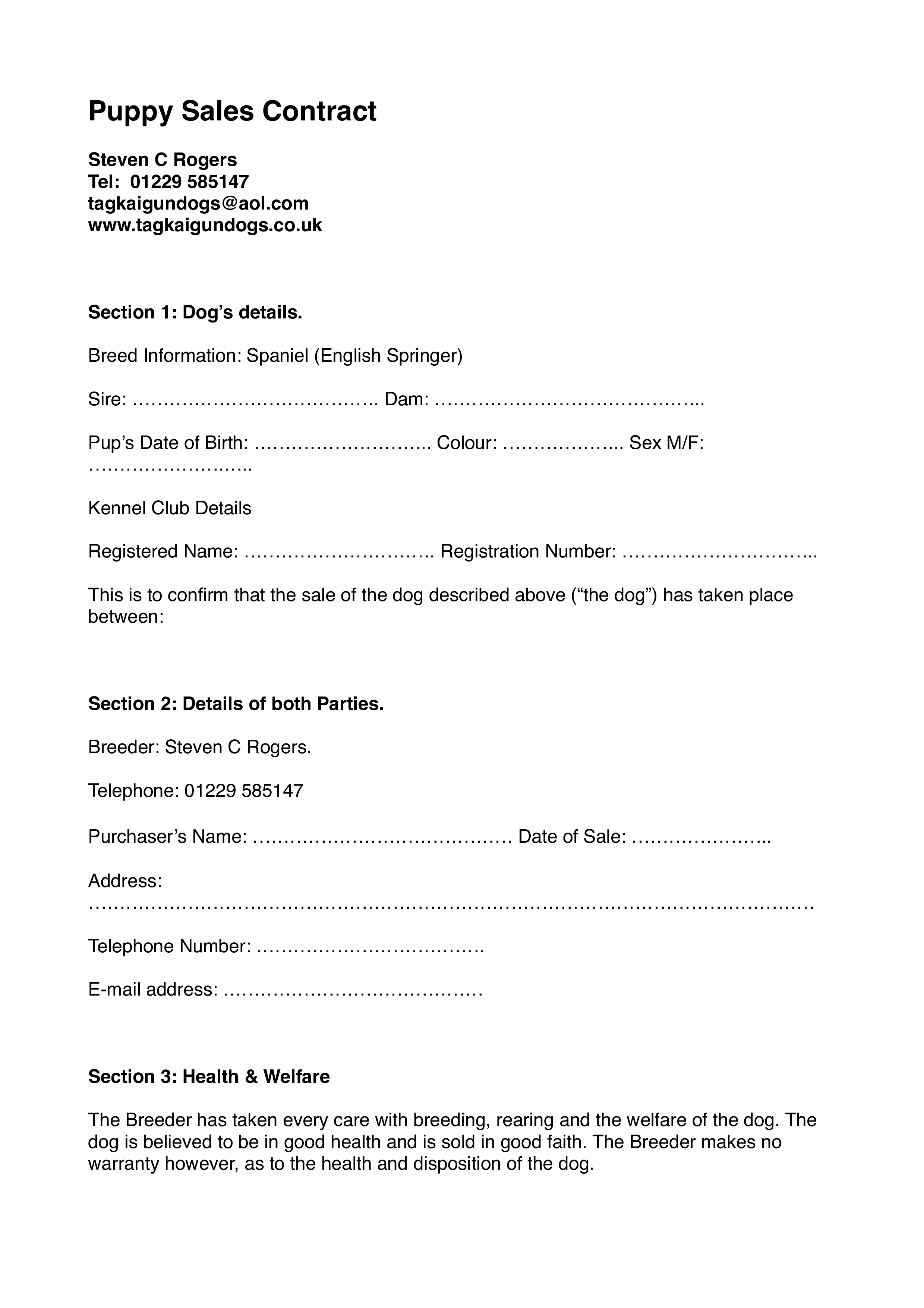 dog sale contract template