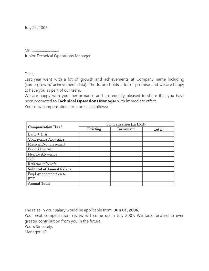 technical operations manager appraisal letter template