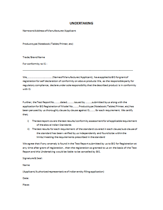 bis format for undertaking for test reports modèles