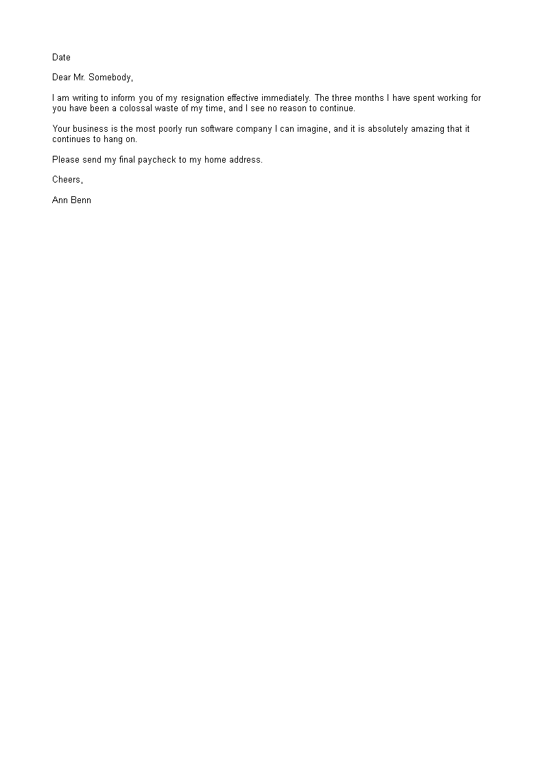 Sample Rude Resignation Letter | Templates at 