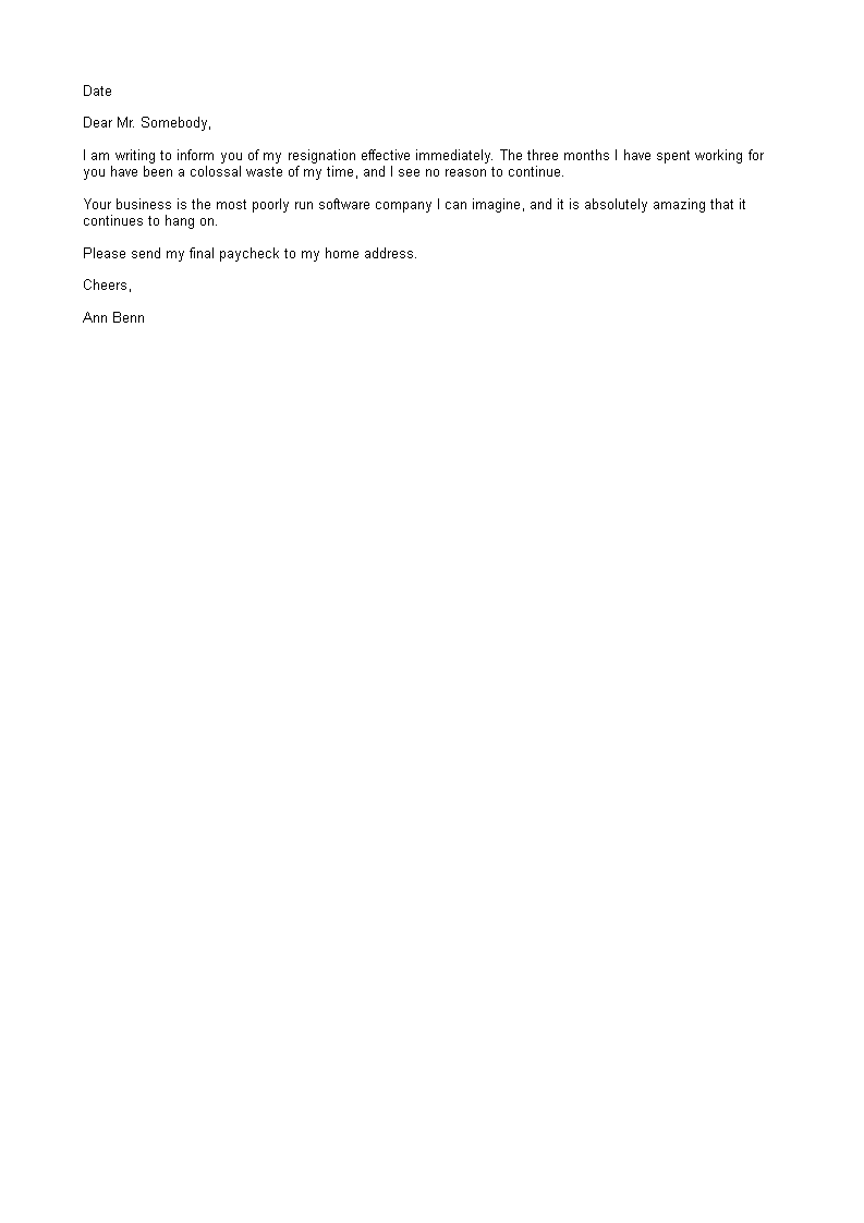  Sample Rude Resignation Letter Allbusinesstemplates