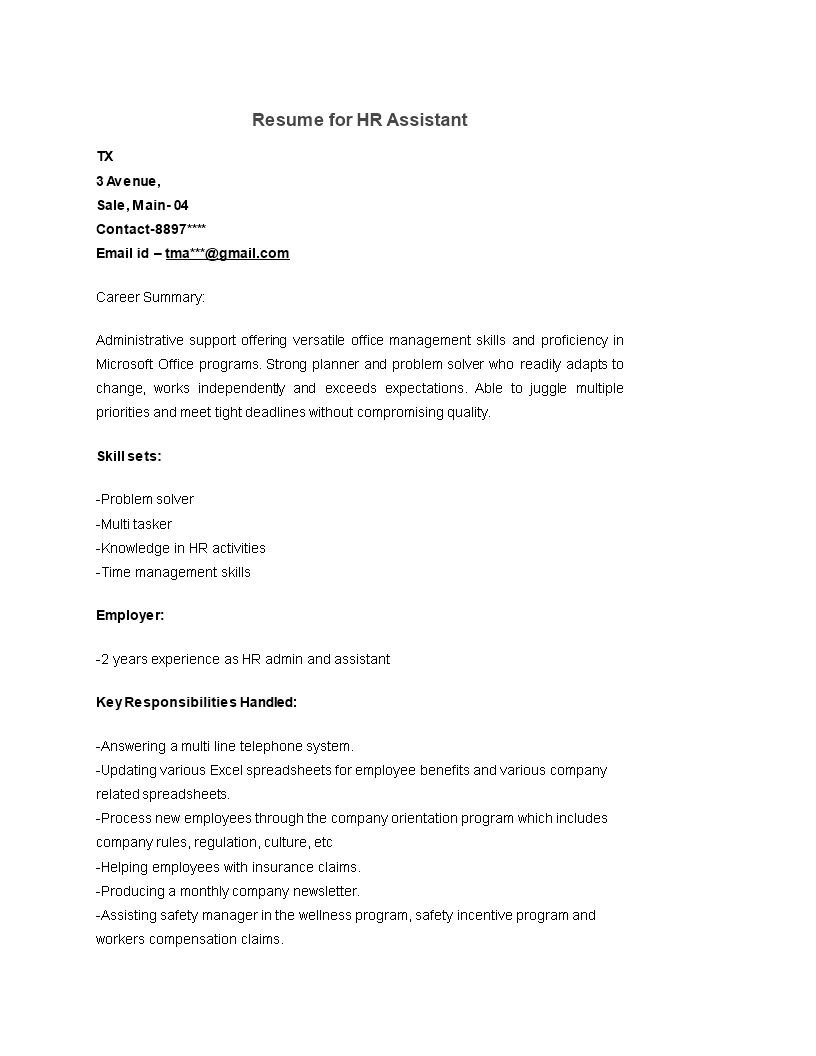 hr assistant resume format modèles