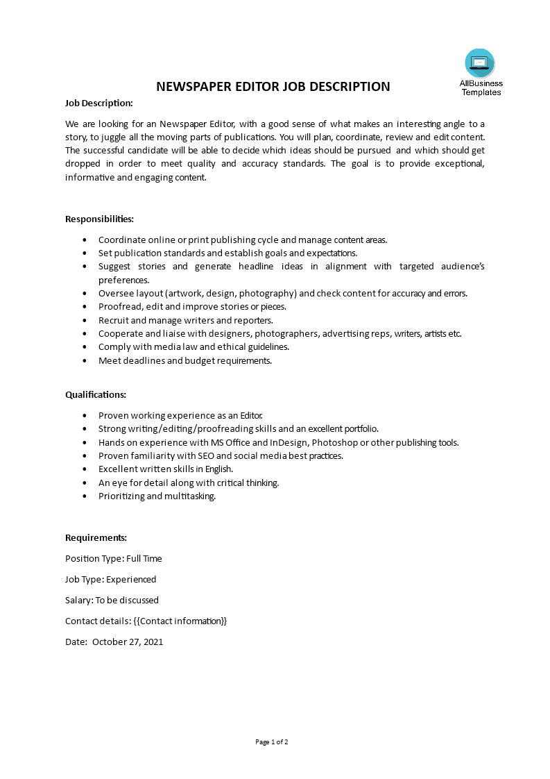 newspaper editor job description template