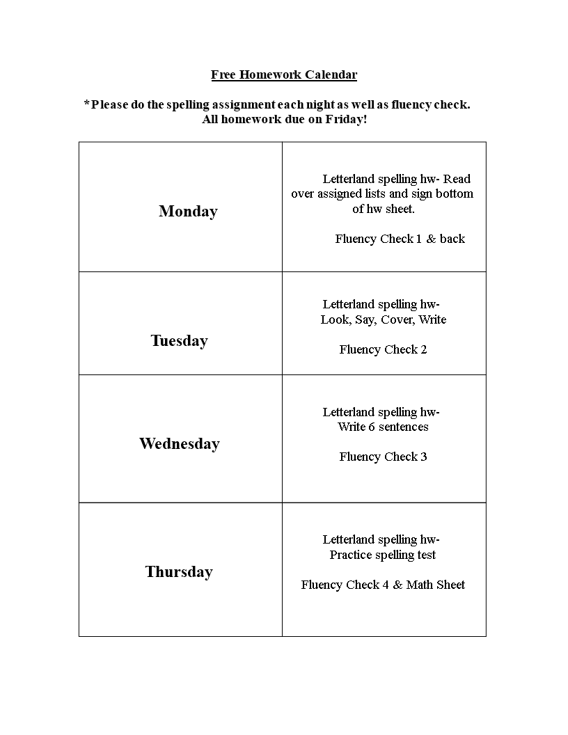 homework calendar template