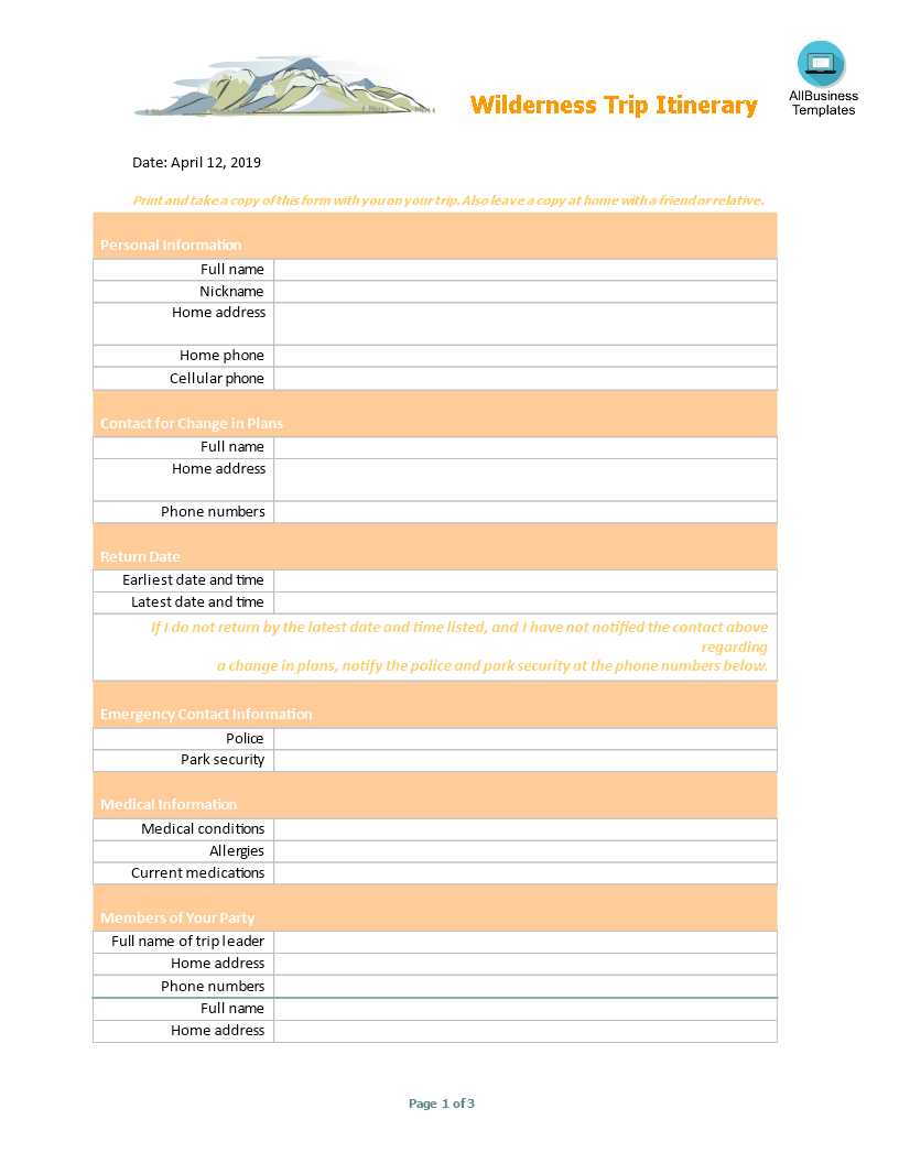 Kostenloses Camping Trip Itinerary Template For Travel Agenda Template