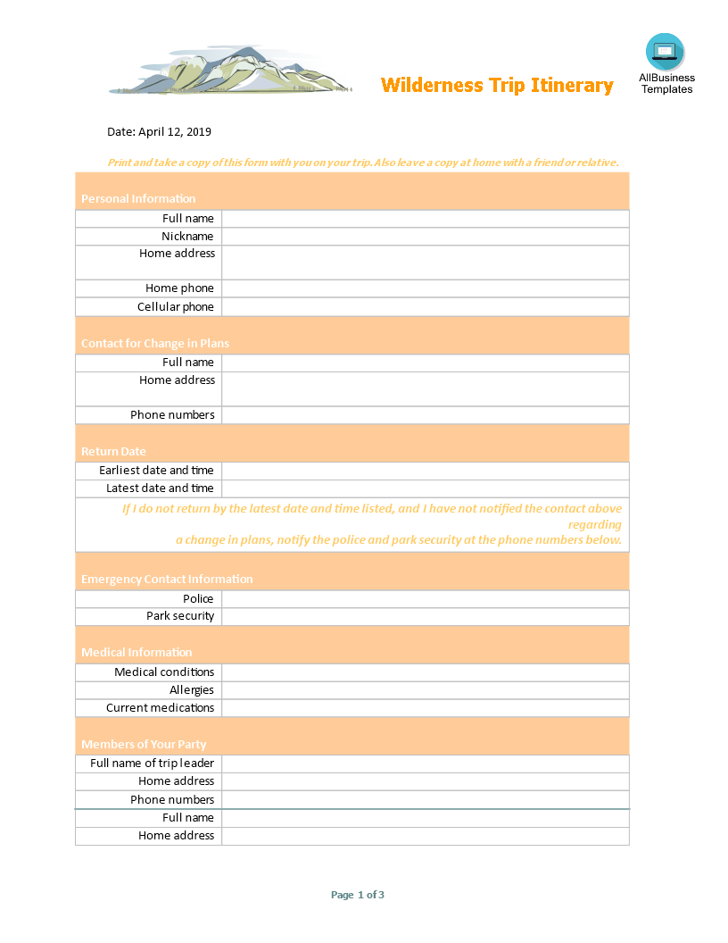 camping trip itinerary template modèles