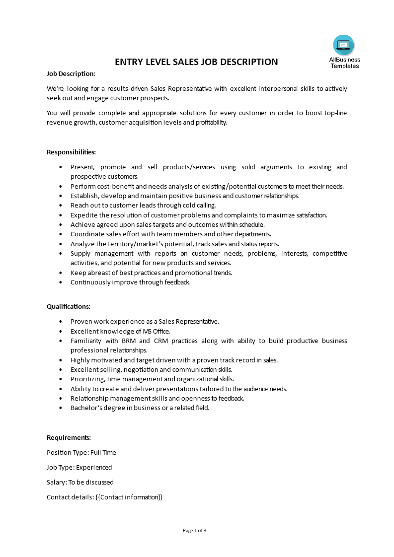 entry level sales job description plantilla imagen principal