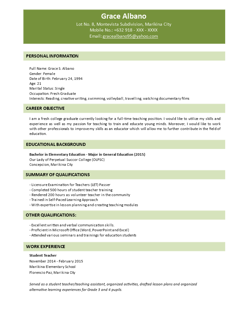 resume format for graduate freshers