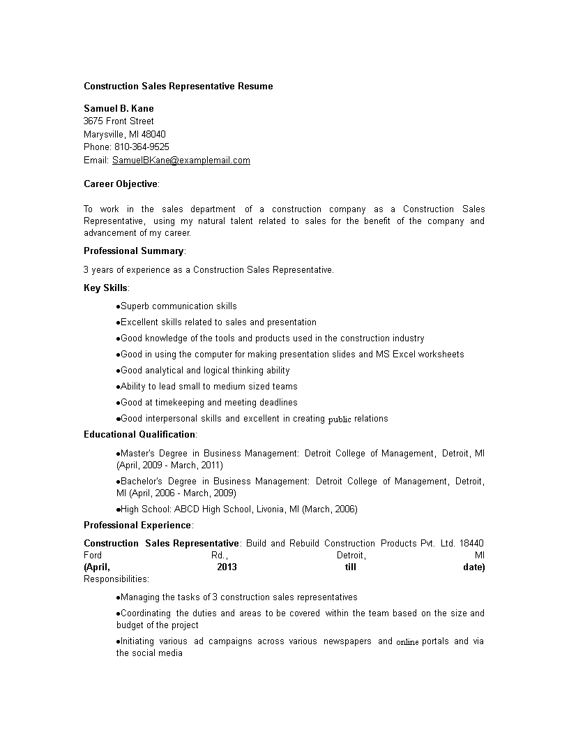 construction sales representative resume template