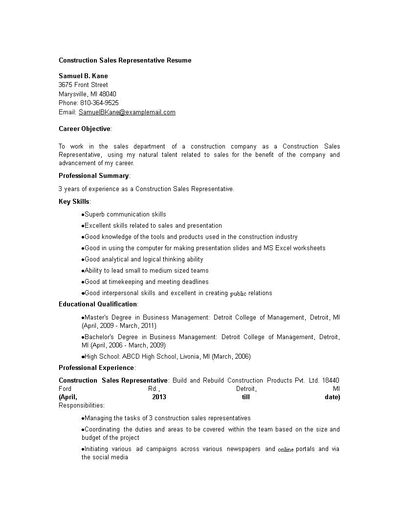 Construction Sales Representative Resume 模板