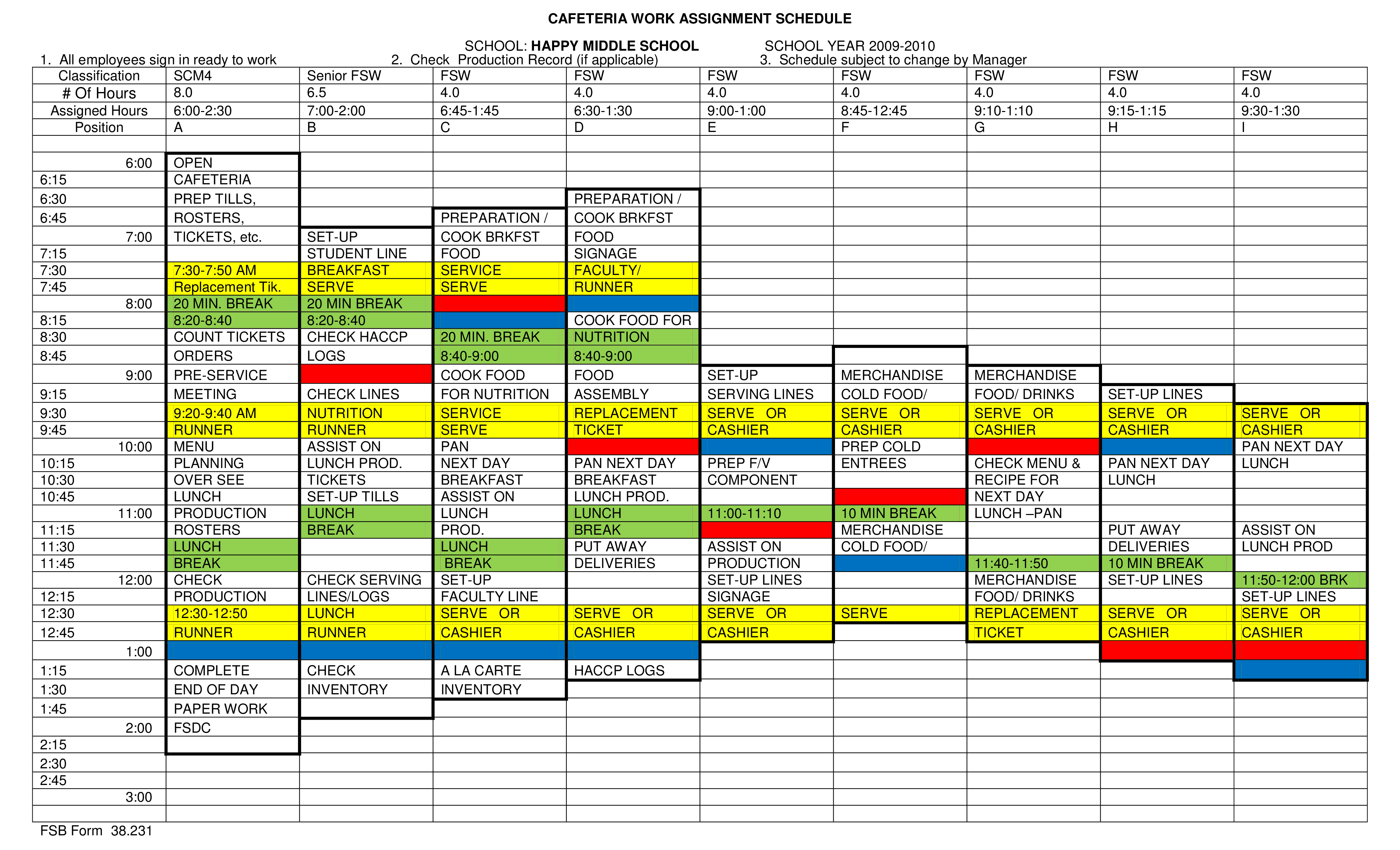 cafeteria work assignment schedule template