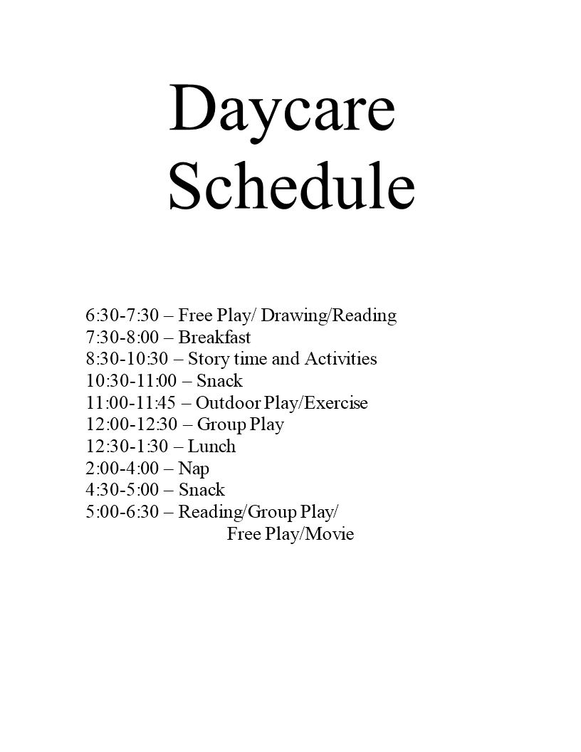daycare schedule modèles