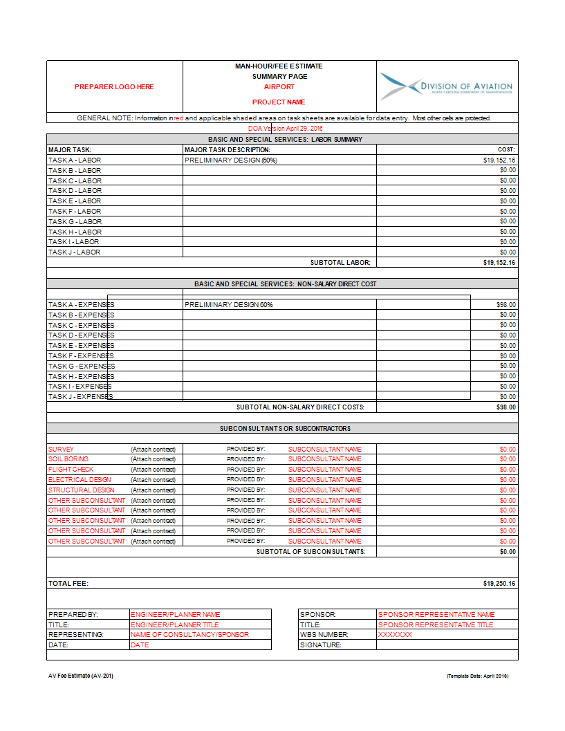 Estimate Worksheet 模板