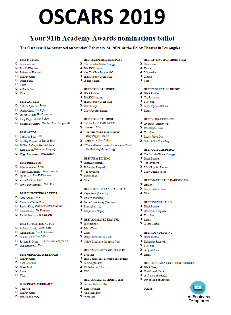 Oscars Ballot 2019 Excel template 模板