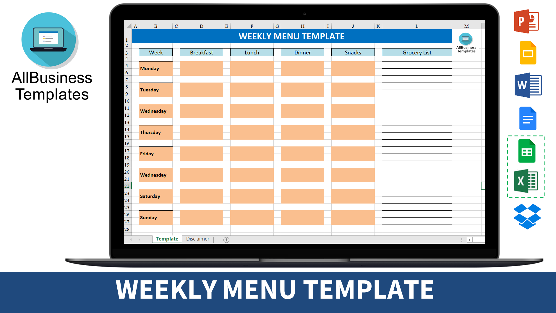 weekly menu template modèles