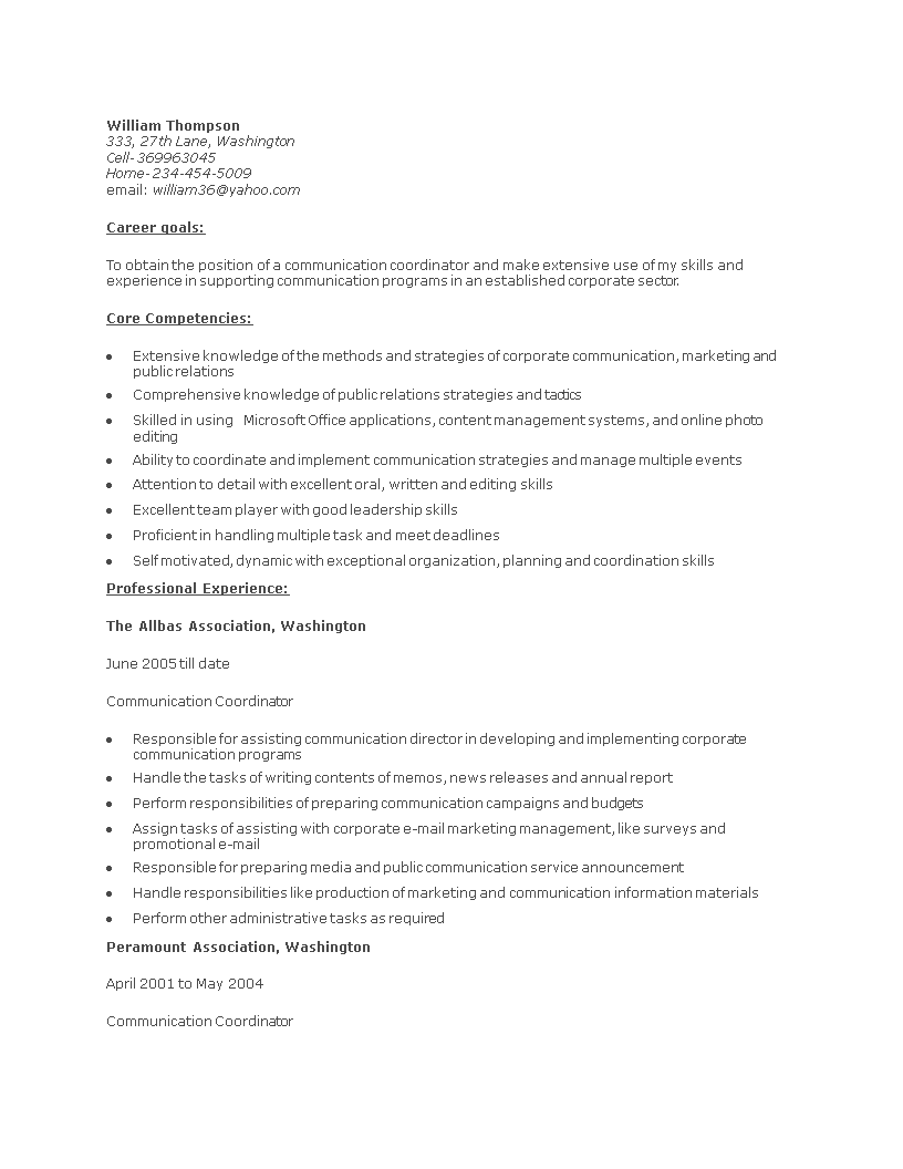 marketing communications coordinator resume Hauptschablonenbild