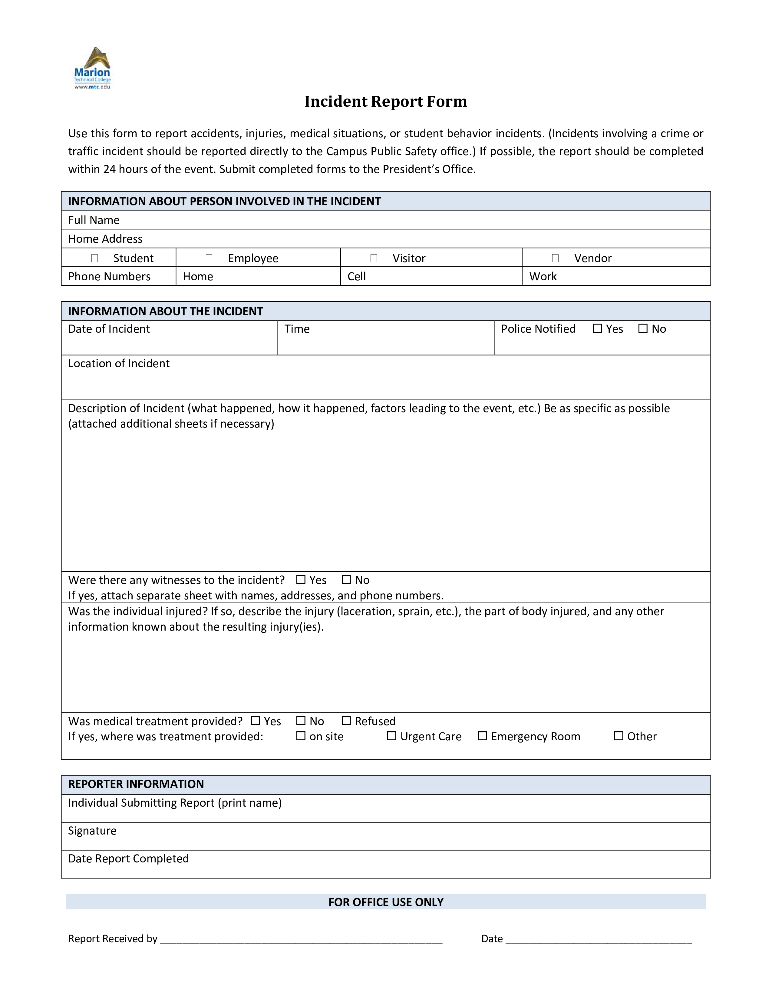 blank incident report form template