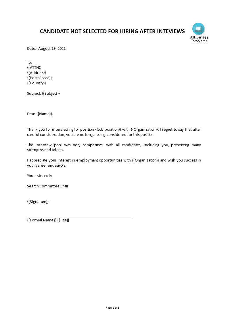 rejection letter for job interview voorbeeld afbeelding 