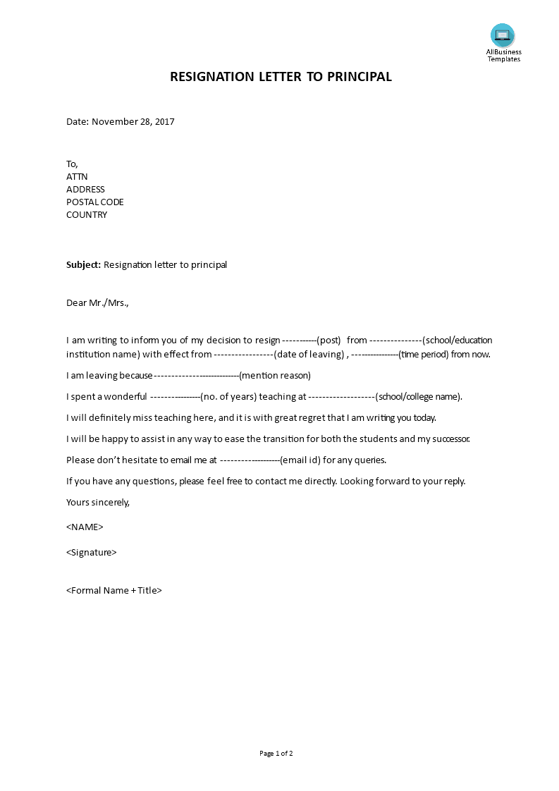 resignation letter to principal voorbeeld afbeelding 