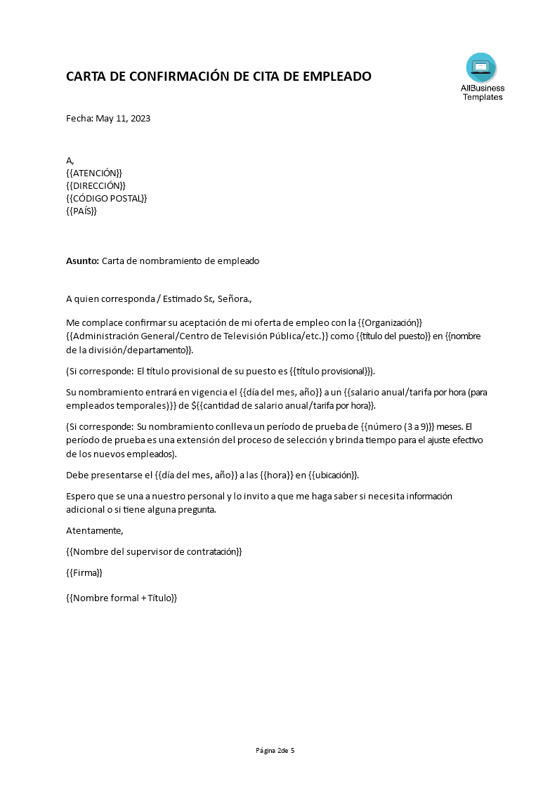carta de confirmación de cita de empleado Hauptschablonenbild