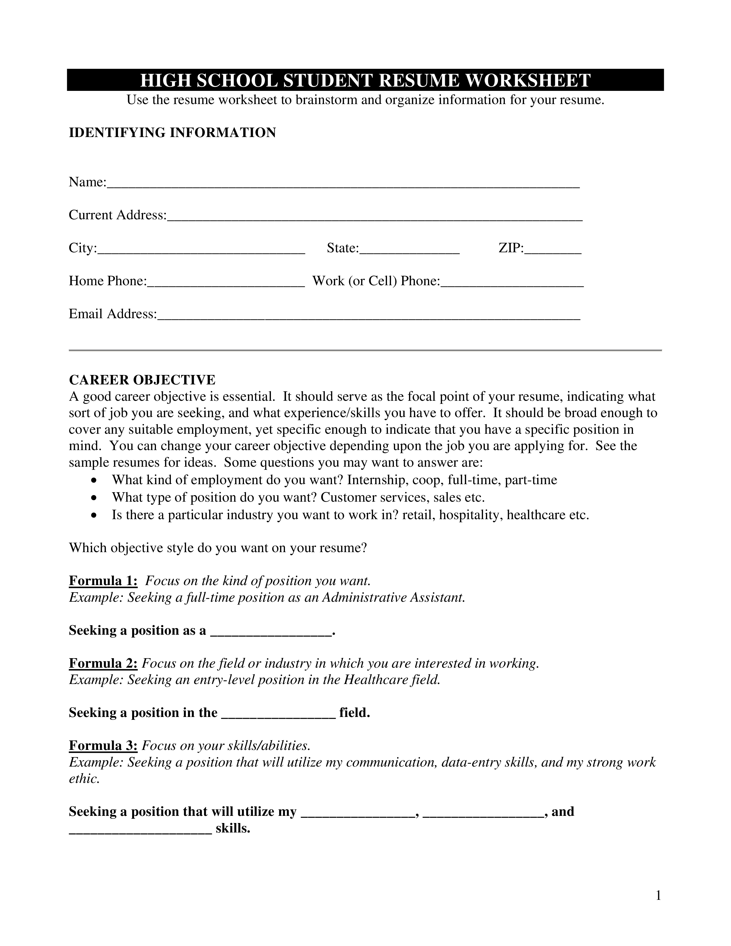 High School Student Resume Worksheet Templates At 