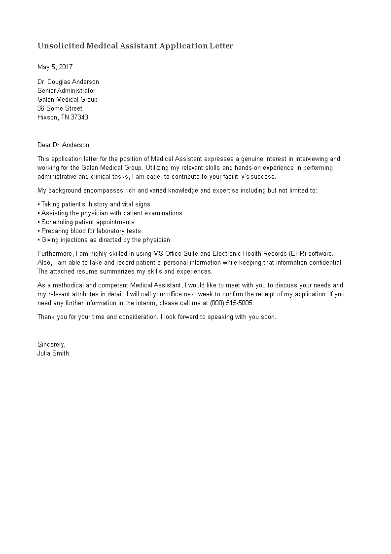 Unsolicited Medical Assistant Application Letter  Templates at