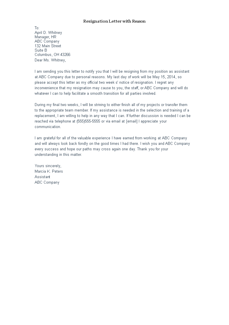 formal resignation letter format sample with reason template