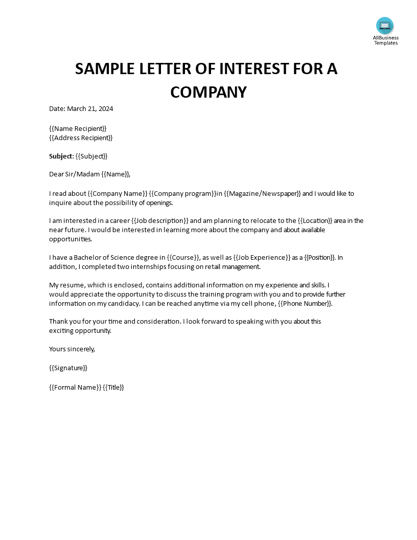 Sample Letter Of Interest For A Company main image