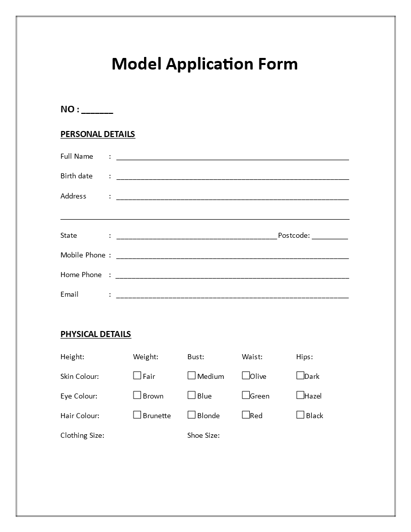 model application form Hauptschablonenbild