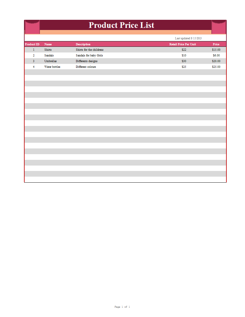 price list worksheet template voorbeeld afbeelding 