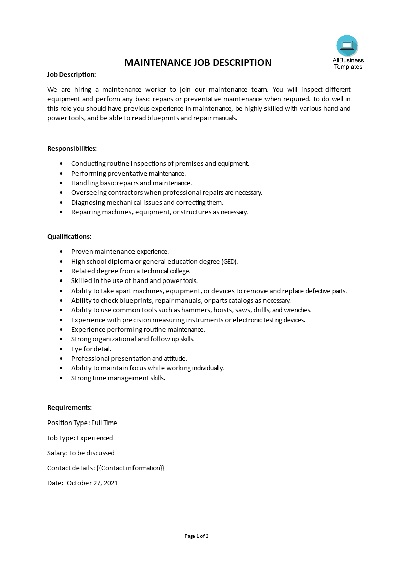 maintenance job description plantilla imagen principal