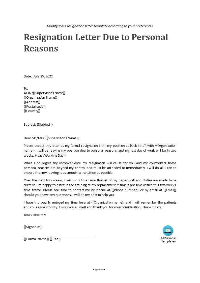 Due to Personal Reason Resignation Letter main image