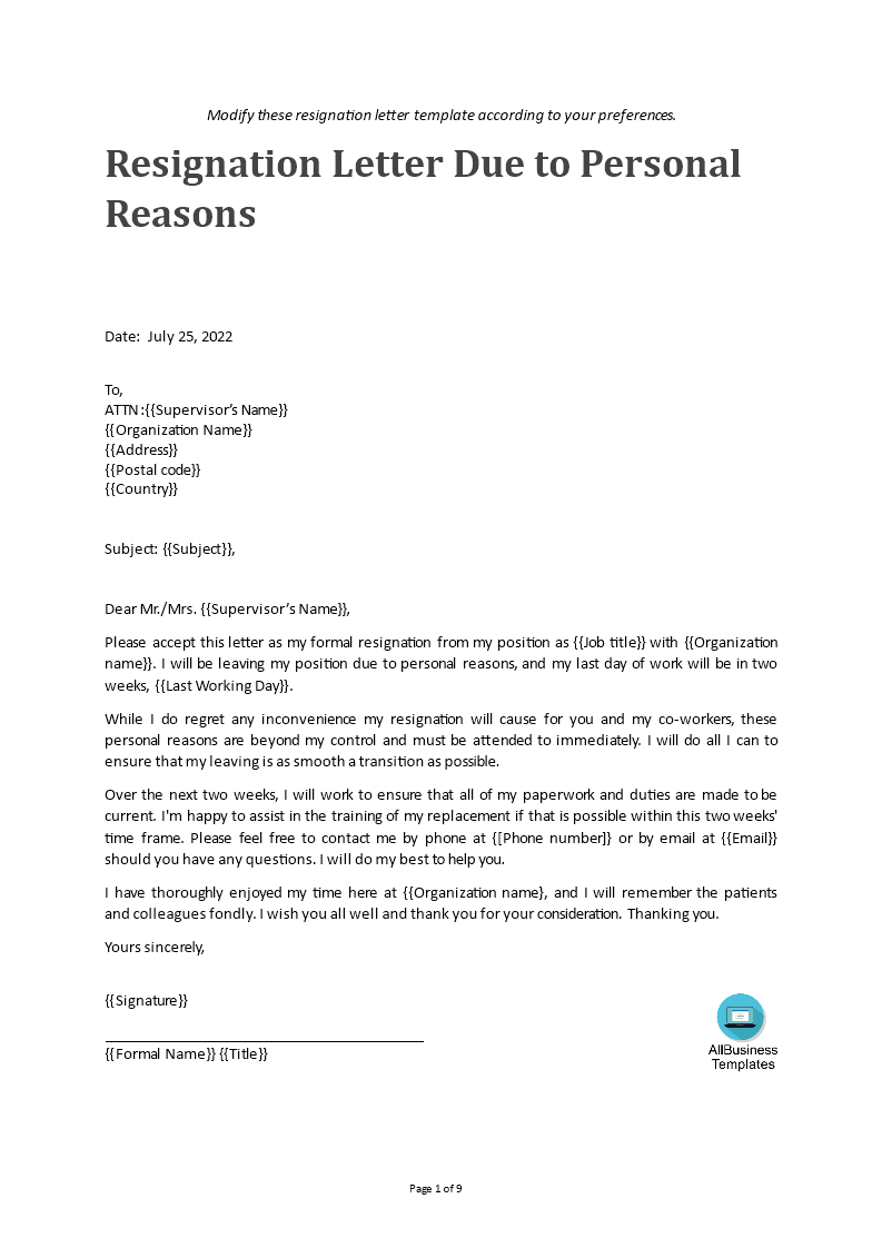 due to personal reason resignation letter Hauptschablonenbild