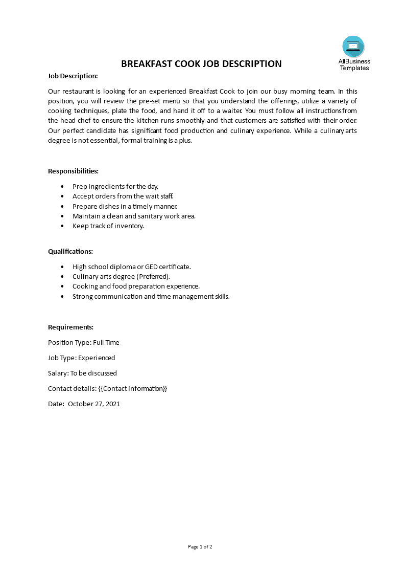 breakfast cook job description template