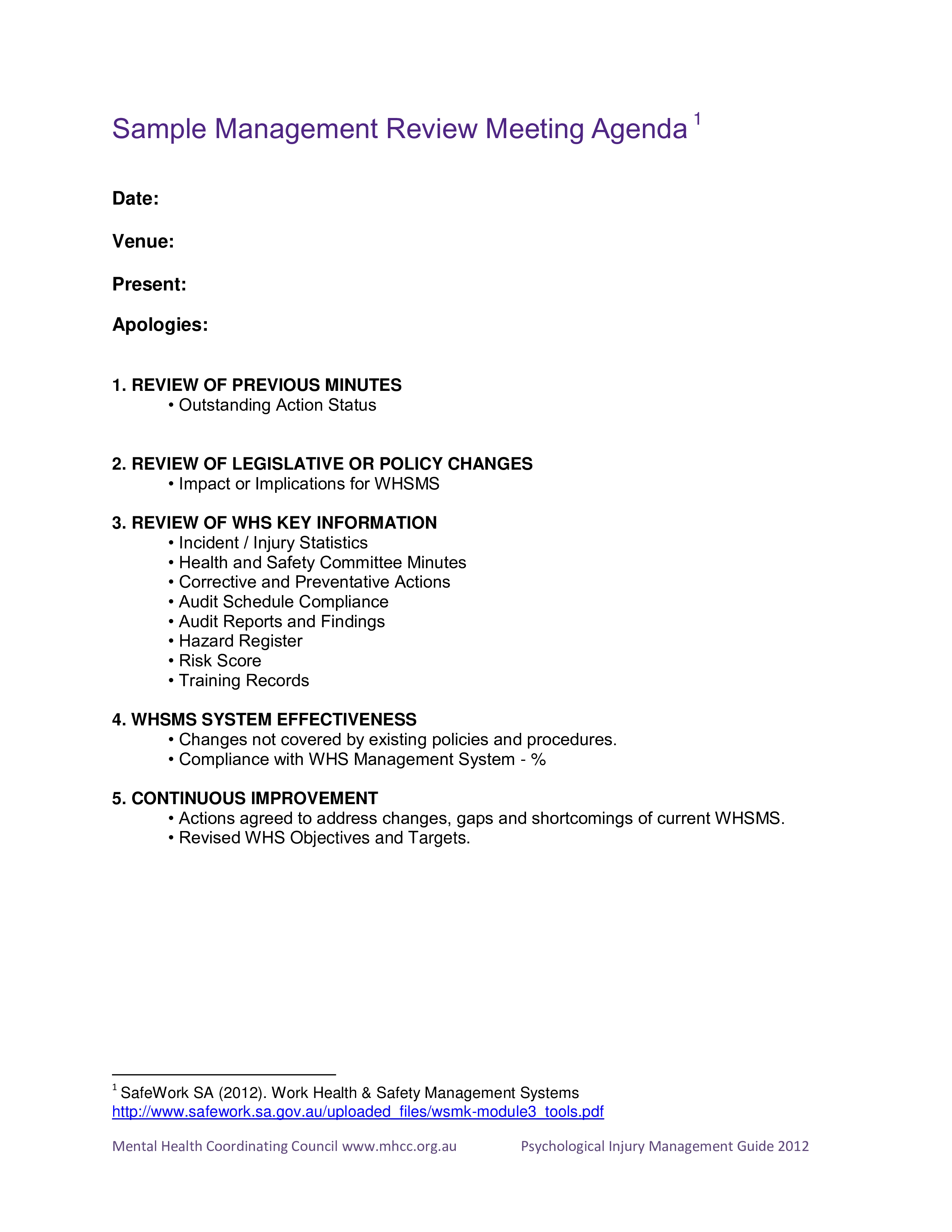 Management Review Agenda sample Templates at