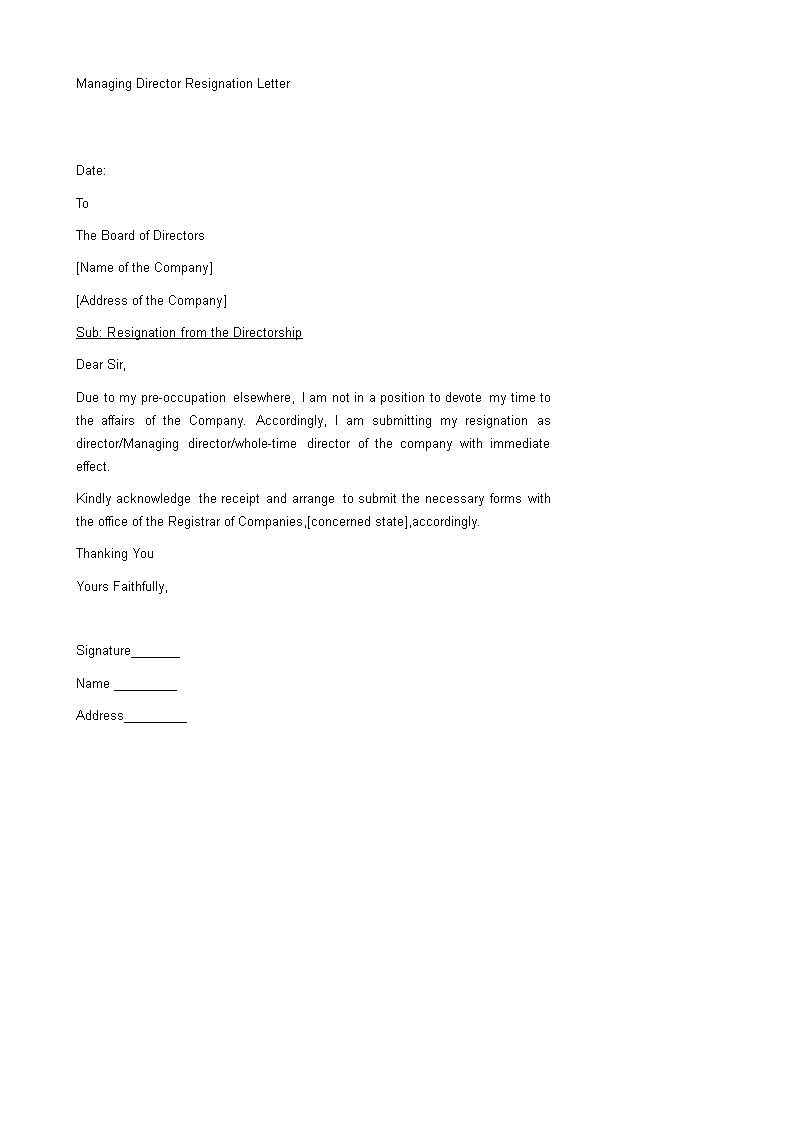 Professional Managing Director Resignation Letter 模板