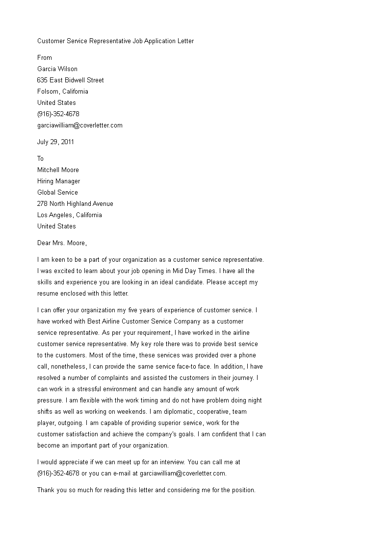 customer care application letter sample