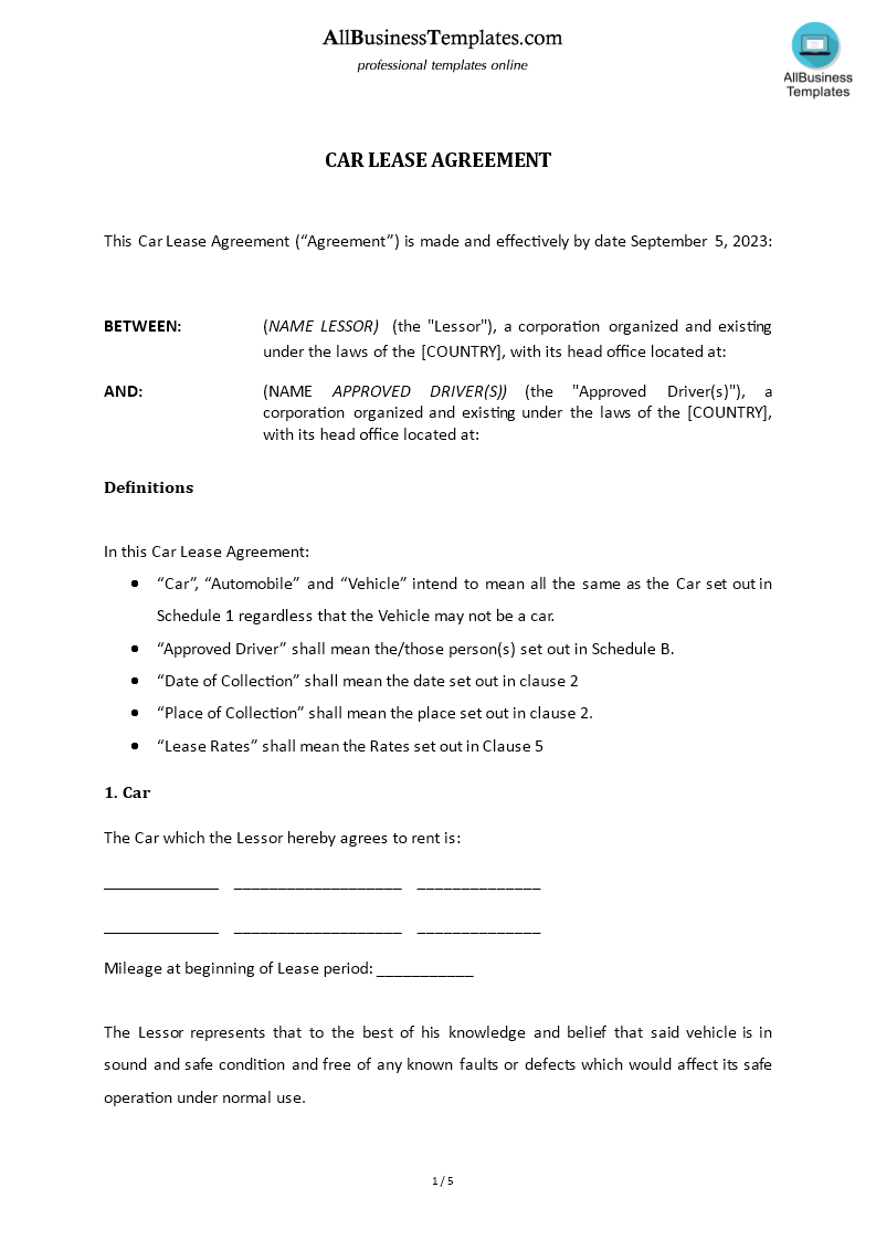 car lease agreement with car owner template