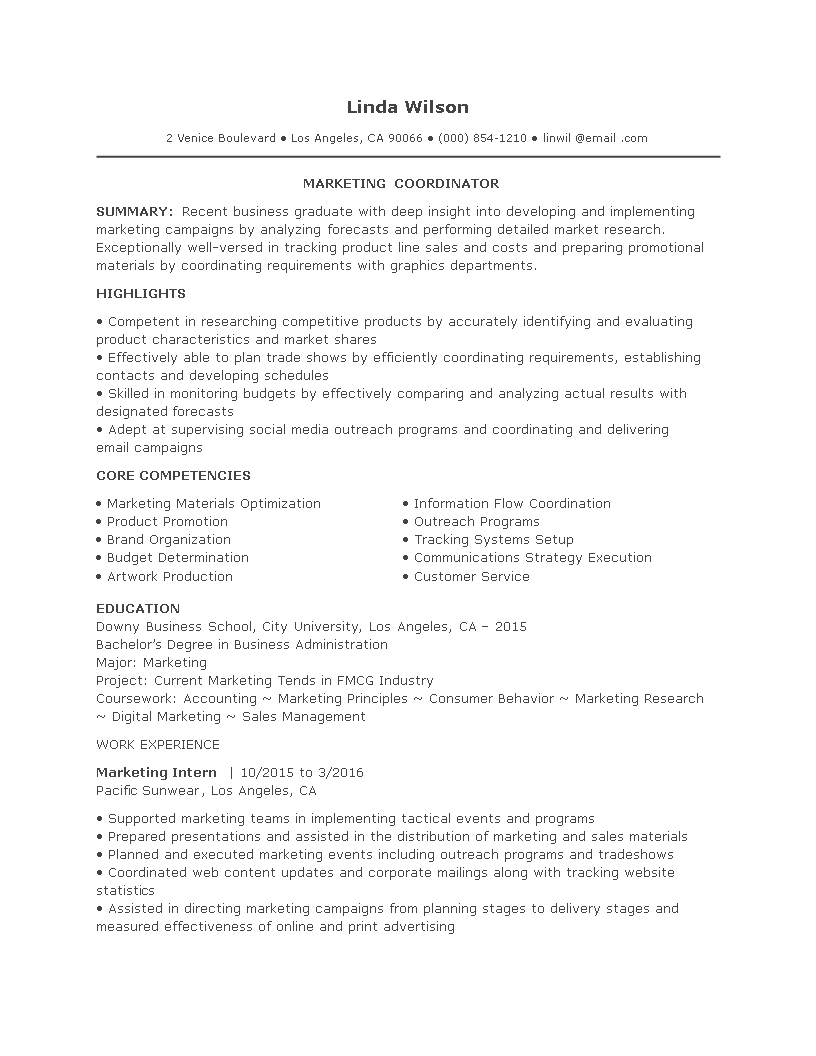 Entry Level Marketing Coordinator Resume main image