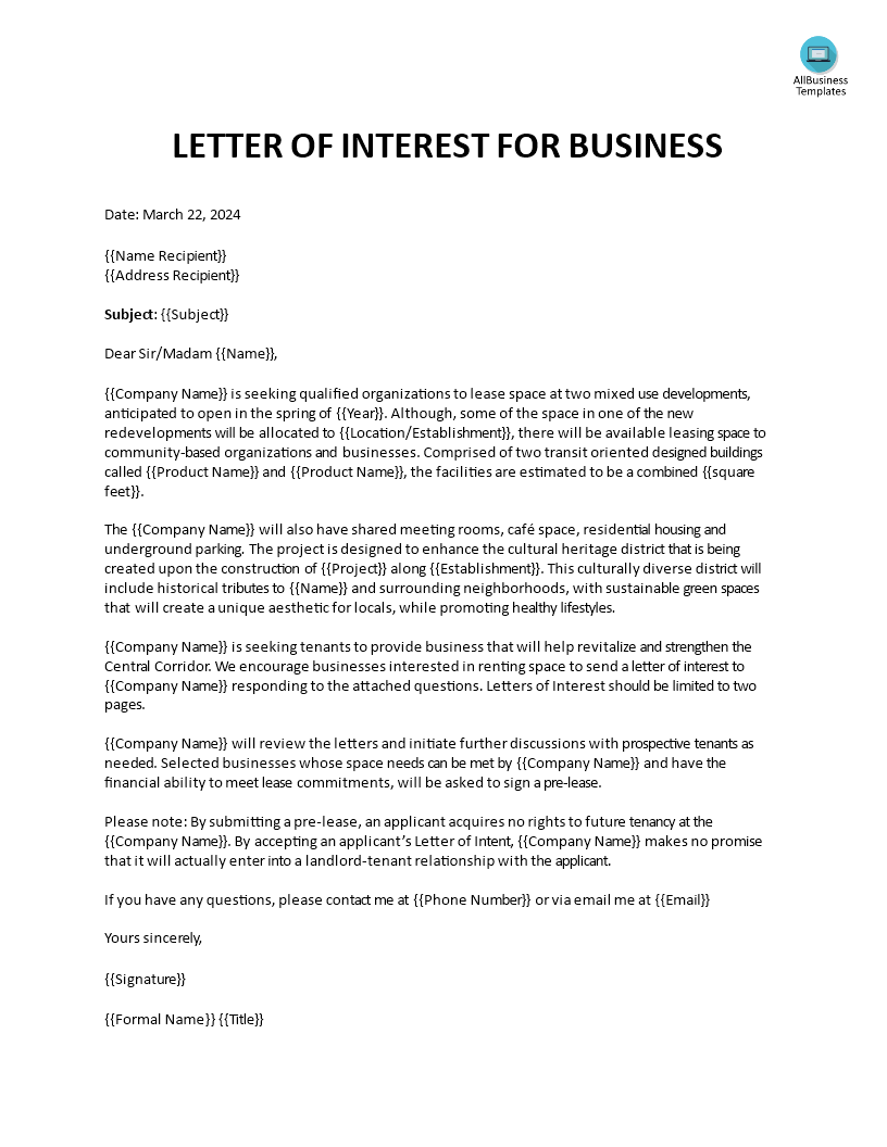 letter of interest for business voorbeeld afbeelding 