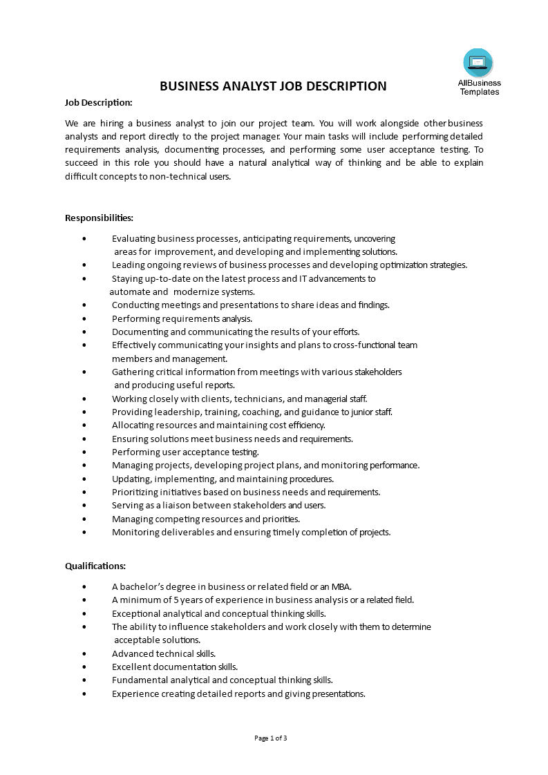 Business Systems Analyst Job Description main image