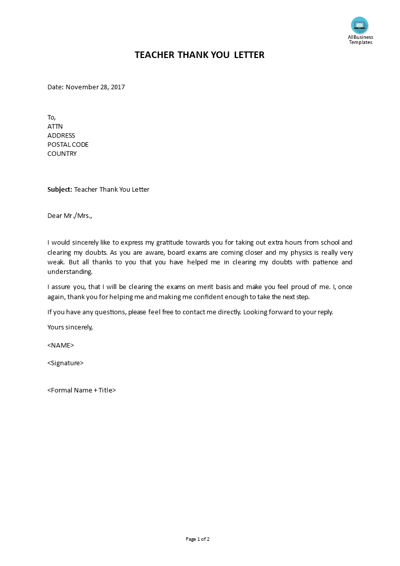 teacher thank you letter template