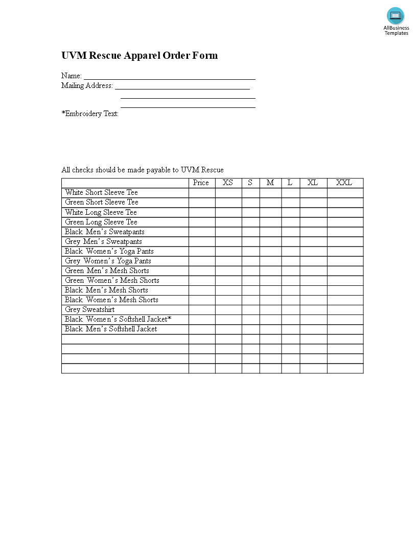 apparel order sample form modèles