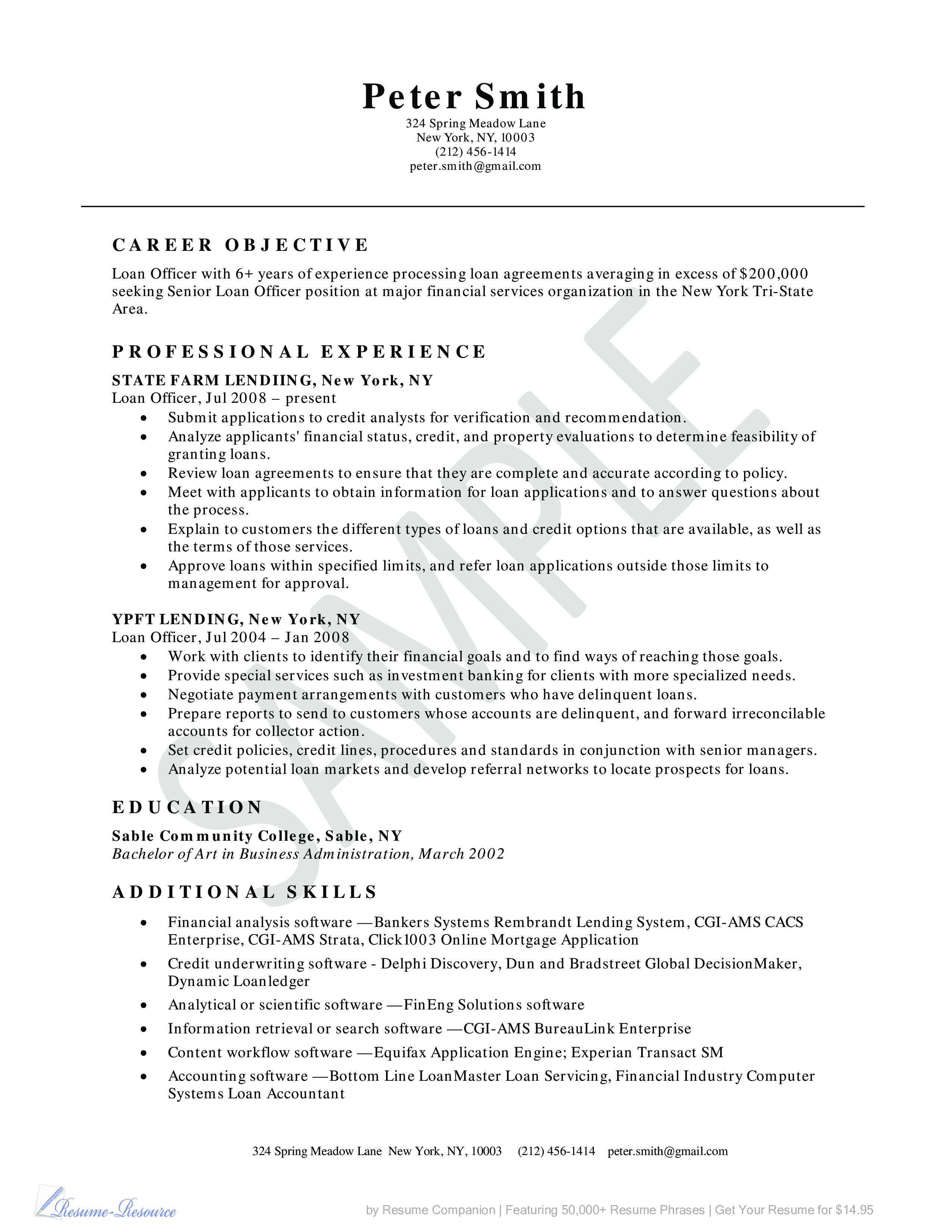 loan officer resume example modèles