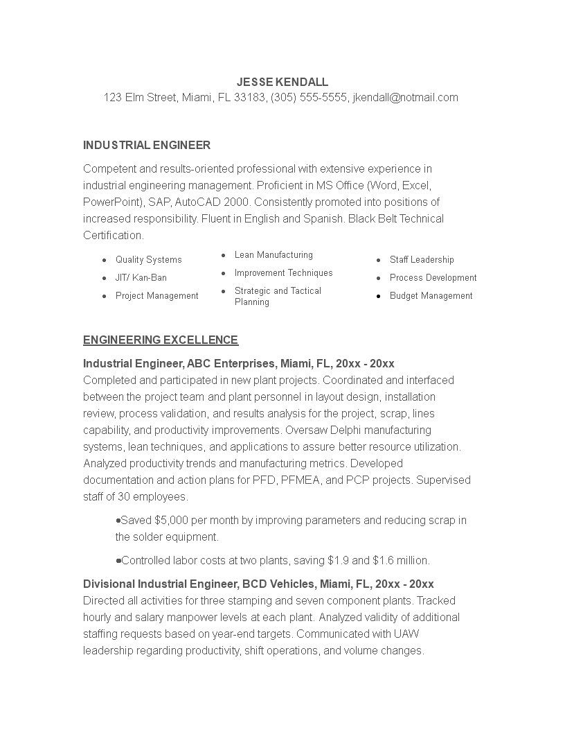 Industrial Engineering Resume template 模板