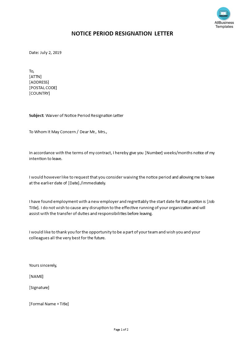 Resignation Letter Sample With Notice Period from www.allbusinesstemplates.com