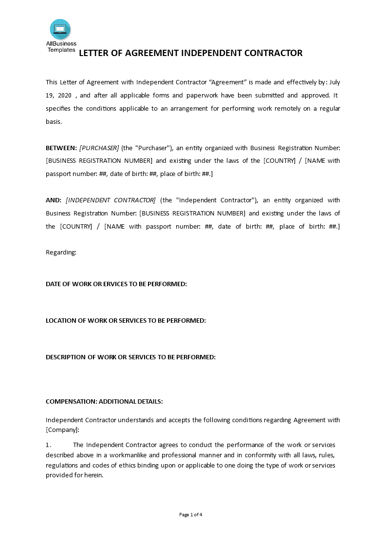 letter of agreement independent contractor for service Hauptschablonenbild